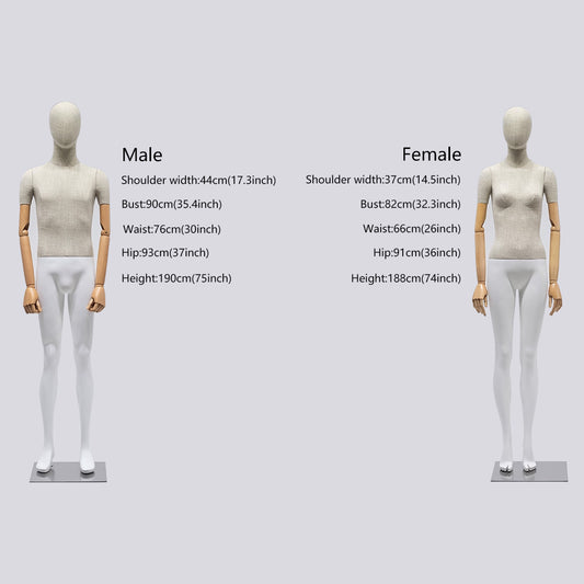 Jelimate High Quality Female Male Full Body Mannequin Dress Form,Upper Body Wrapped Bamboo Linen Fabric Bottom Leg Painting Matte White Dress Form With Wooden Arms