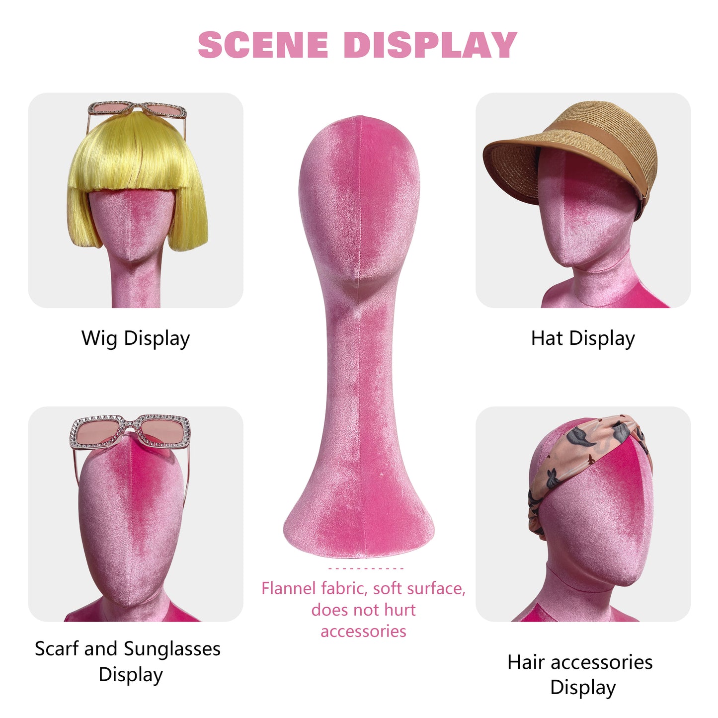 JELIMATE Fully Pinnable Female Mannequin Head Model,Luxury Pink Velvet Mannequin Head Dress Form,Headband Headphone Sunglasses Jewelry Wig Display Head Mannequin Hat Display Stand Manikin