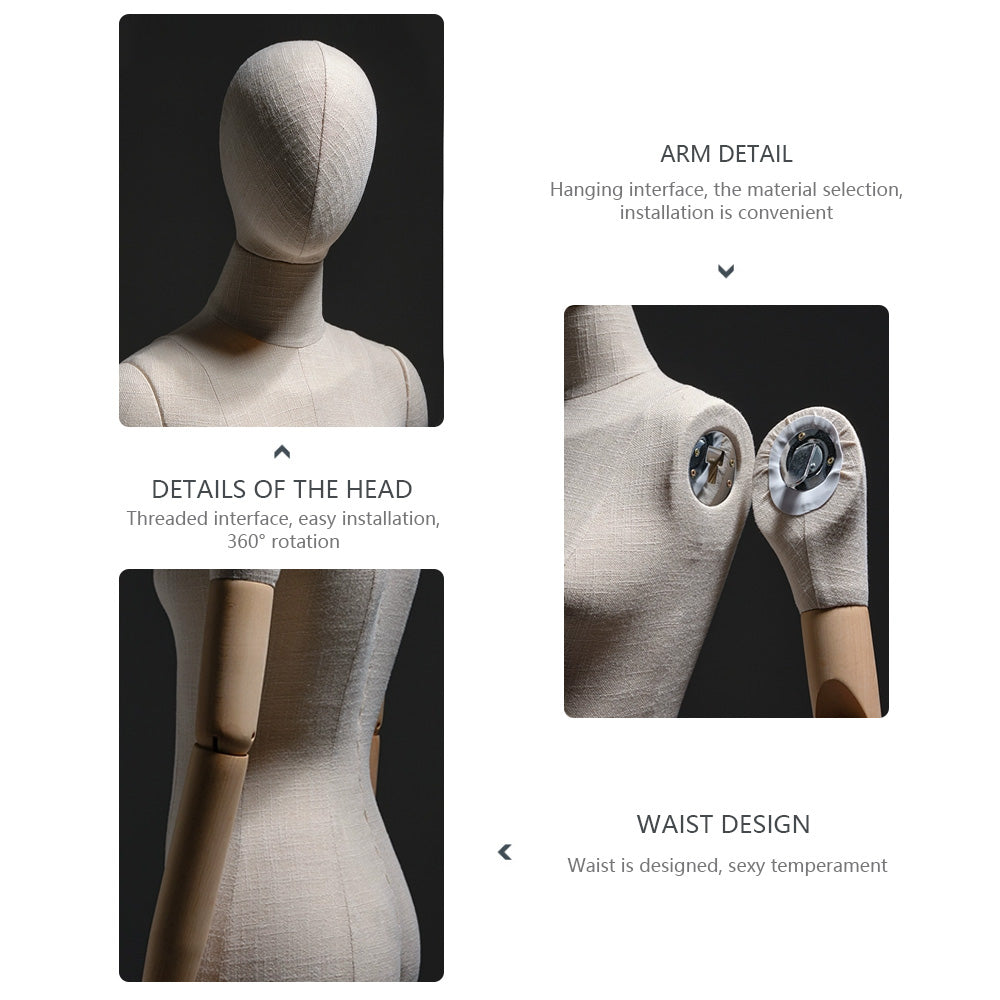 Jelimate Half Body Female Mannequin Torso With Base,Grey Linen Dress Form Manikin Body With Wooden Arms,Window Display Dress Form for Gowns,Clothing Display Model Wedding Evening Dress Mannequin