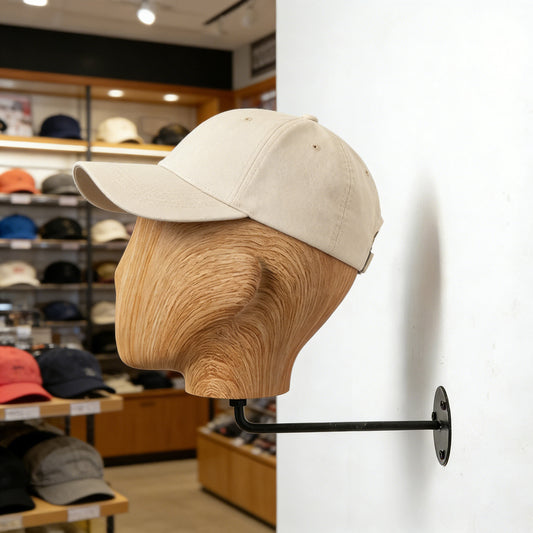 Wall Mounted Mannequin Head Display Stand - Wood Grain Hat Rack Holder with Adjustable Bracket