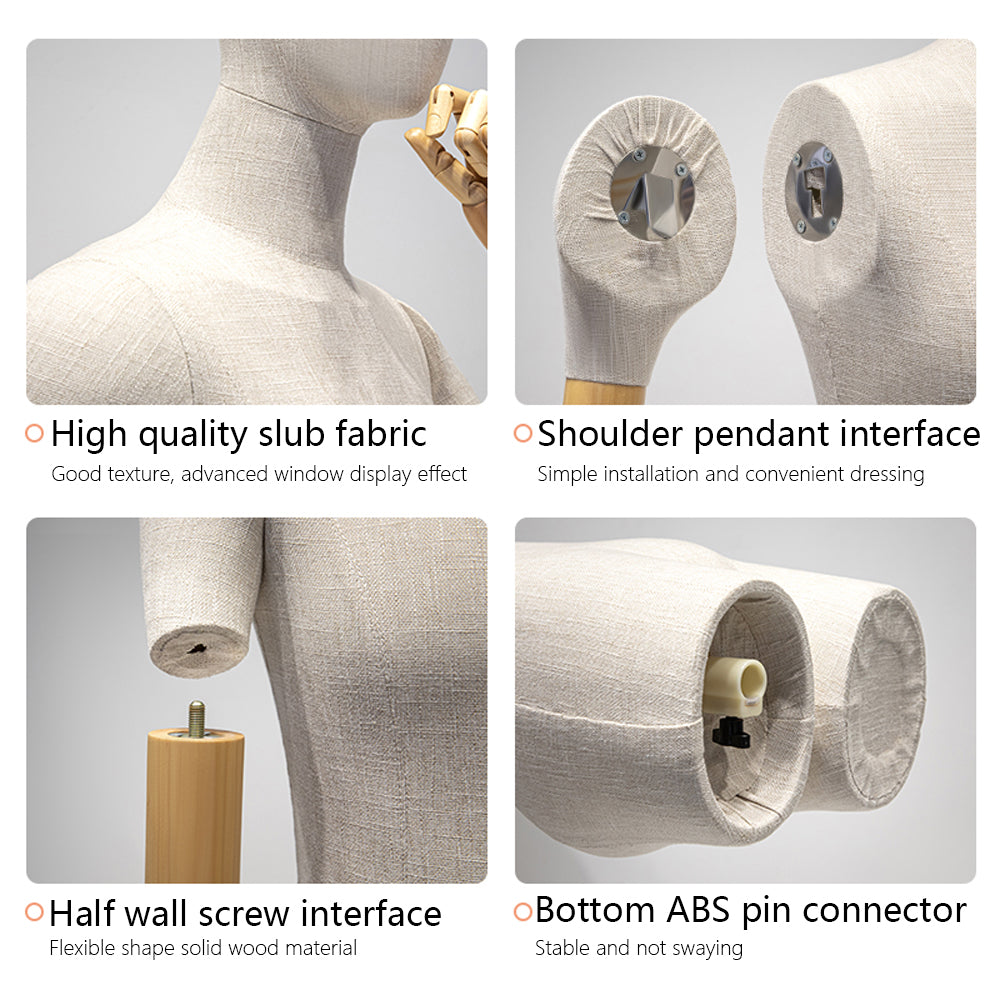 Jelimate High Grade Male Mannequin Torso,Grey Linen Mannequin Torso With Wooden Arms,Male Half Body Dress Form Mannequin,Clothing Store Clothing Display Model,Suit Display Male Half Body Model