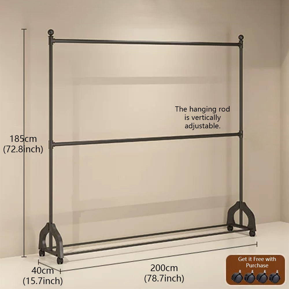 72.8" Double Rod Clothing Rack with Wheels | Heavy Duty Iron Garment Rack | JELIMATE