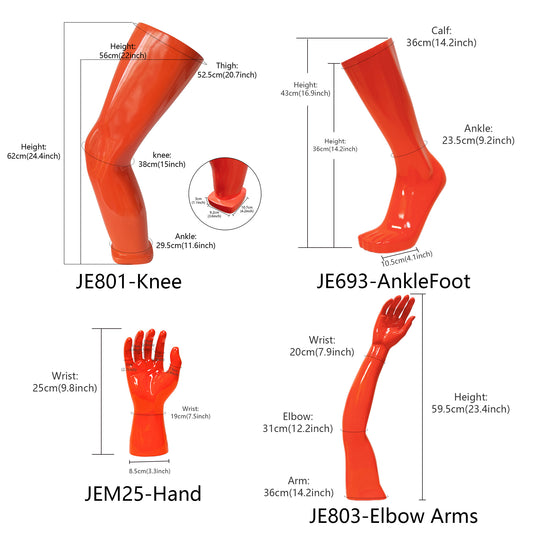 Orange Fiberglass Mannequin Display Props - Hand, Arm, Knee & Foot Forms for Sportswear Retail