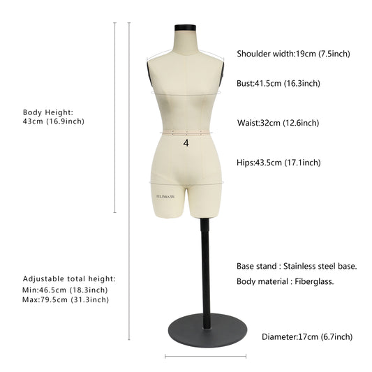 JELIMATE Female Half Scale Dress Form for Pattern Making, Size 4, Mini Sewing Mannequin for Fashion Designers & Schools
