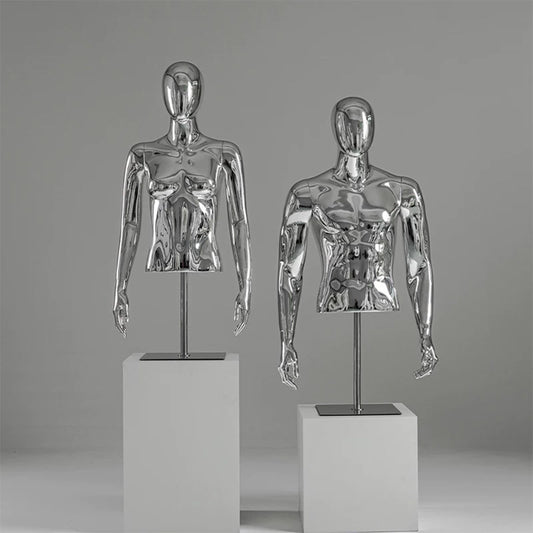 JELIMATE Silver Chrome Half Body Mannequin for Clothes | Male & Female Electroplated Torso