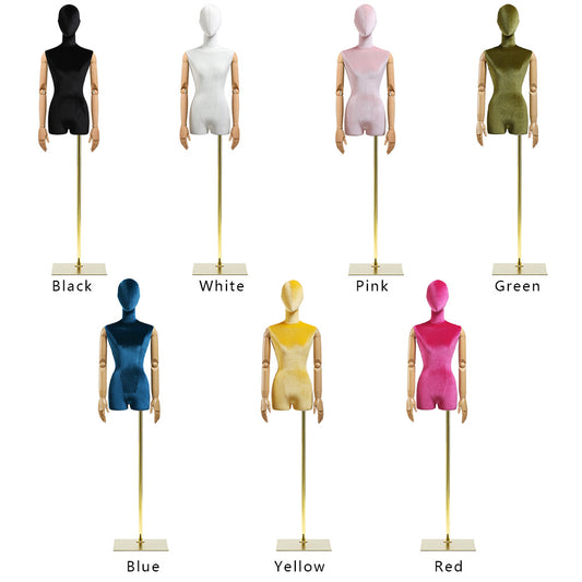JELIMATE Velvet Female Mannequin Torso with Wooden Arms - Half Body Dress Form Display Stand with Gold Base