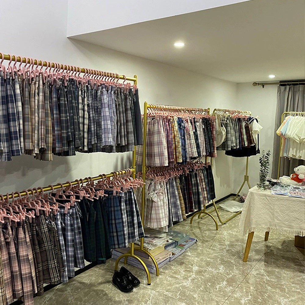 Jelimate Standard Double Layers Poles Clothing Hanger Hanging Clothes Rack With Shelf,Boutique Store Children Kids Adult Clothing Display Rack,Stainless Steel Gold Clothing Rack Wall Metal Coat Rack