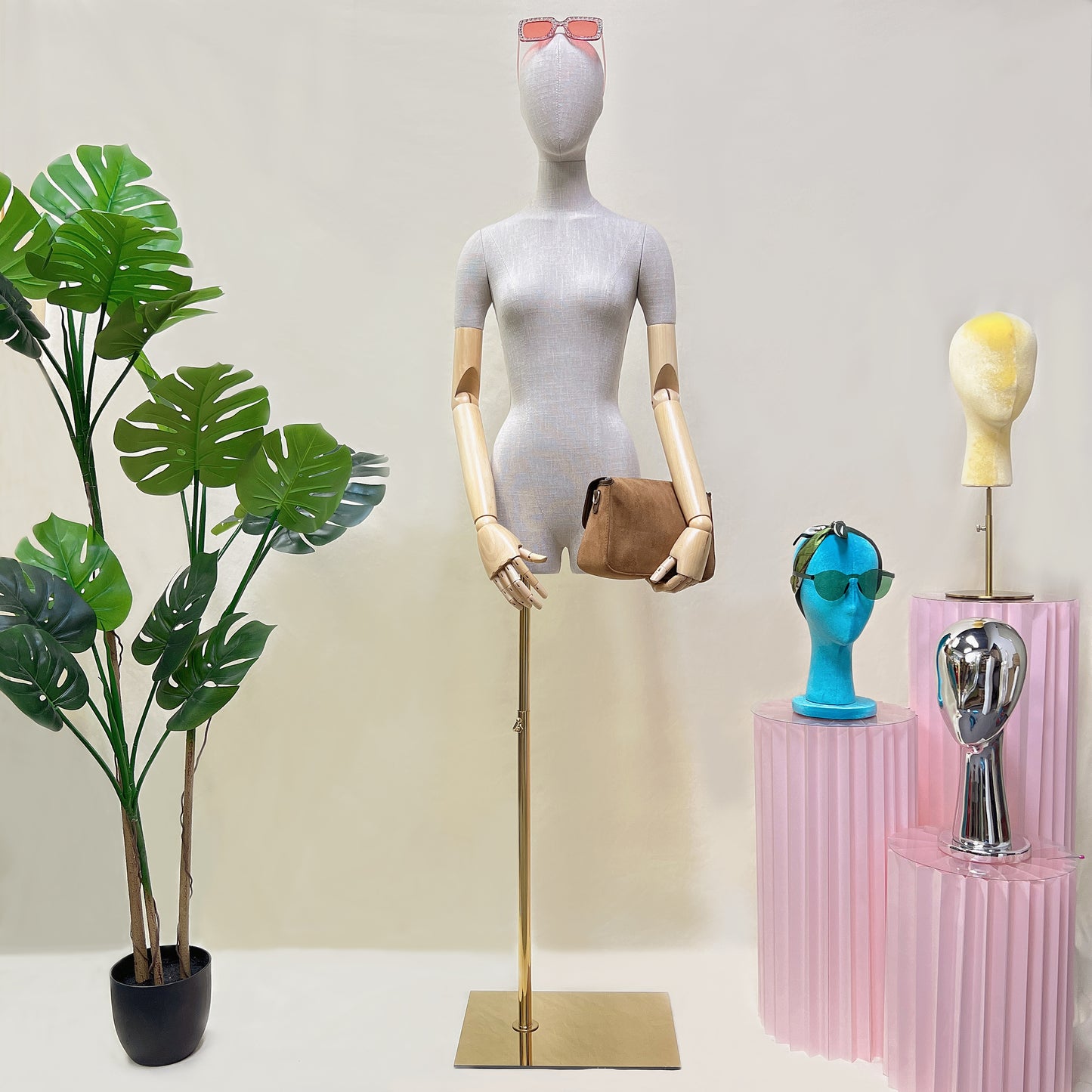 Adjustable Female Half-Body Mannequin with Linen Cover and Wooden Arms for Clothing Display
