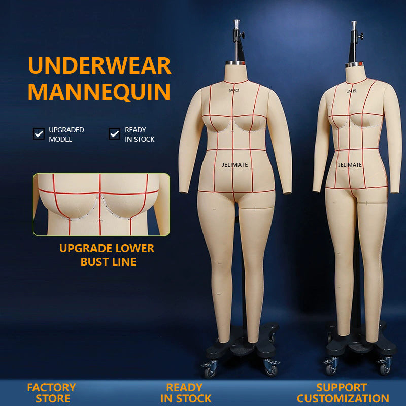 Anatomically accurate 34B bra fitting mannequin with clear underbust line for intimate design.