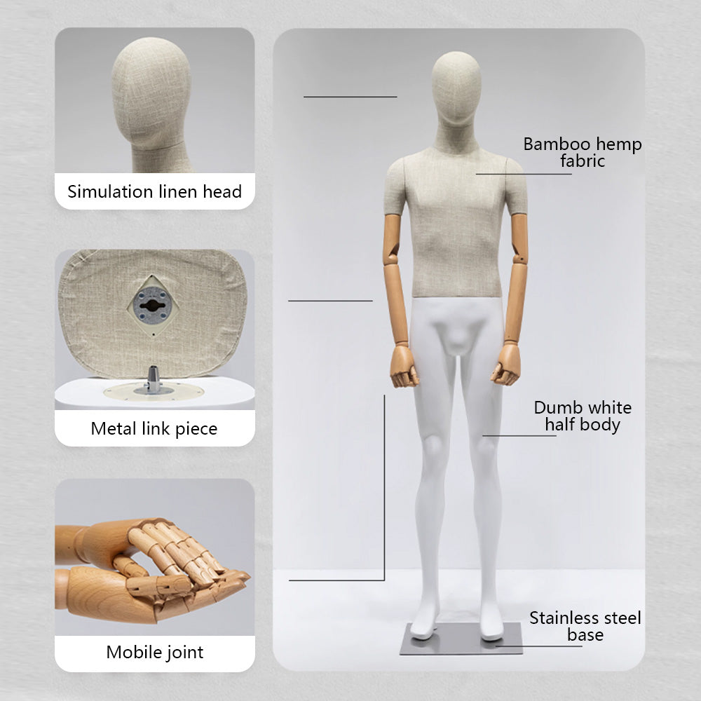 Maniquí de cuerpo completo para mujer y hombre de alta calidad de Jelimate, maniquí de cuerpo entero con parte superior del cuerpo envuelto en tela de lino de bambú, parte inferior de la pierna pintada en blanco mate con brazos de madera