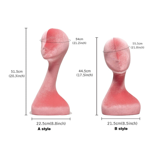 Jelimate Female Mannequin Head Dress Form Manikin,Long Neck Pink Velvet Mannequin Head for Wigs Jewelry Display Stand,Hat Display Head Mannequin Headphone Stand Sunglasses Display Holder