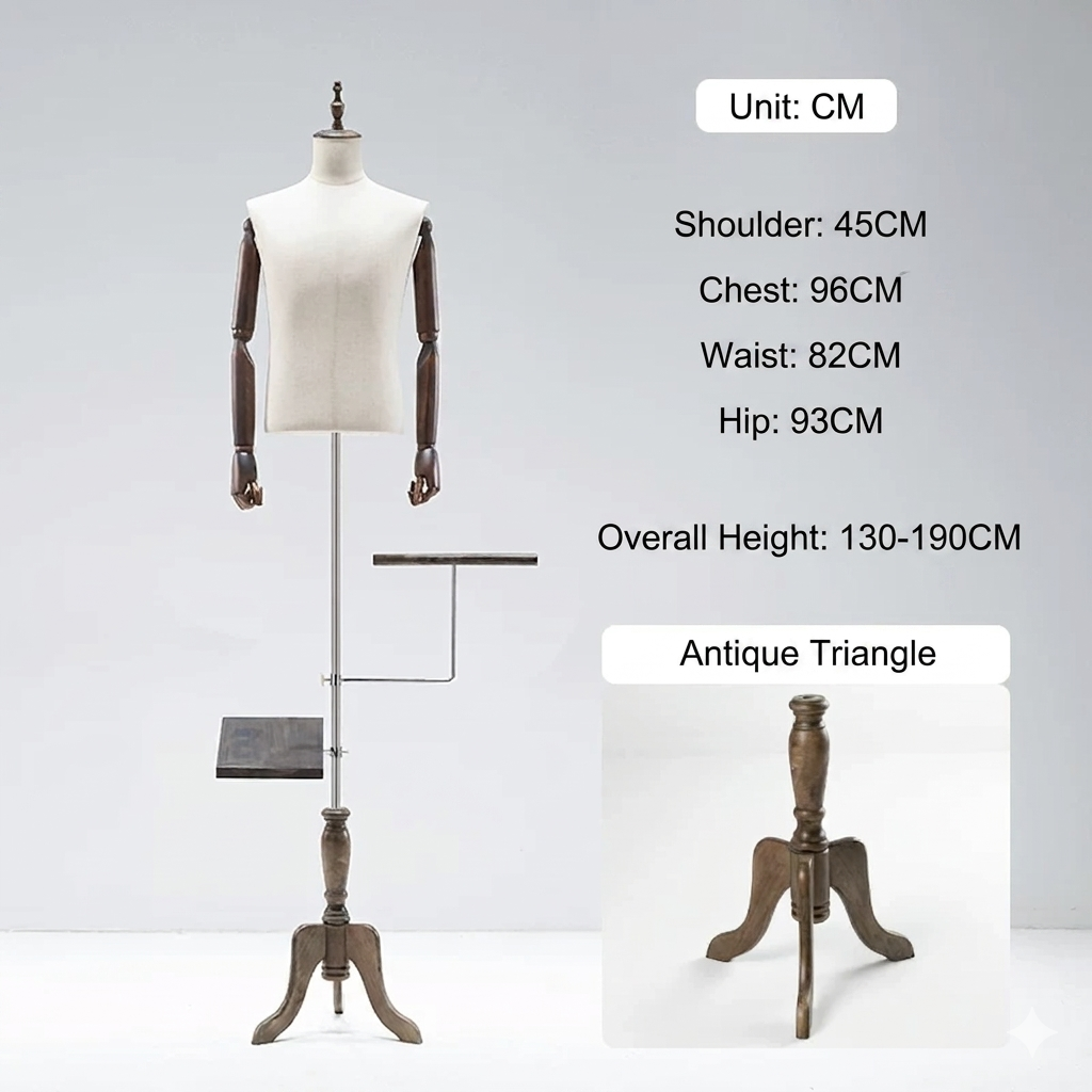 Professional Male Mannequin Torso with Adjustable Wooden Arms | Suit Display Dress Form with Tripod Base