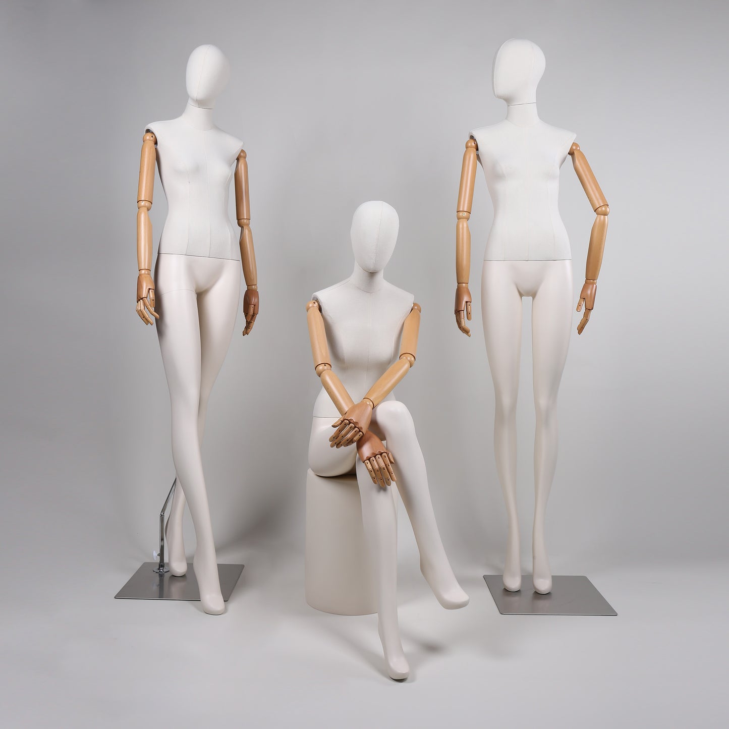Premium Linen Full Body Mannequins - White Fiberglass with Wooden Arms