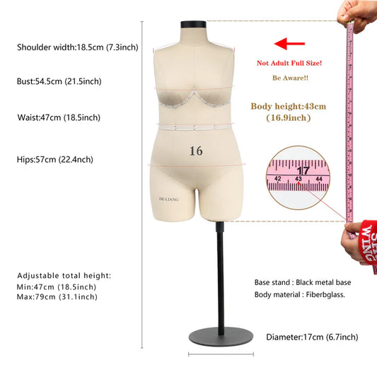 Jelimate Size 16 Half Scale Dress Form - Detailed Measurements
