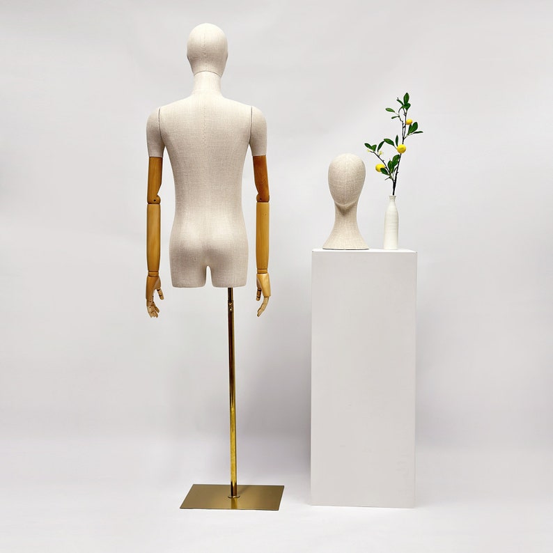 Jelimate Grey Linen Half Body Mannequin with Wooden Arms | Male & Female Torso Display Form with Gold Base