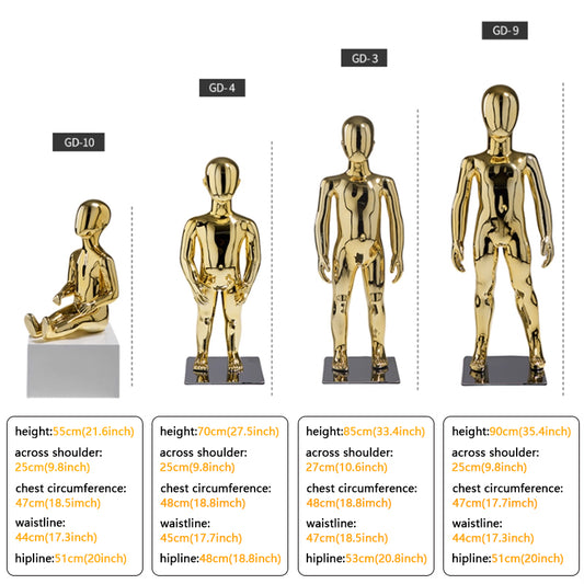 Size Chart for Electroplated Gold Child Mannequins for Premium Clothing Display