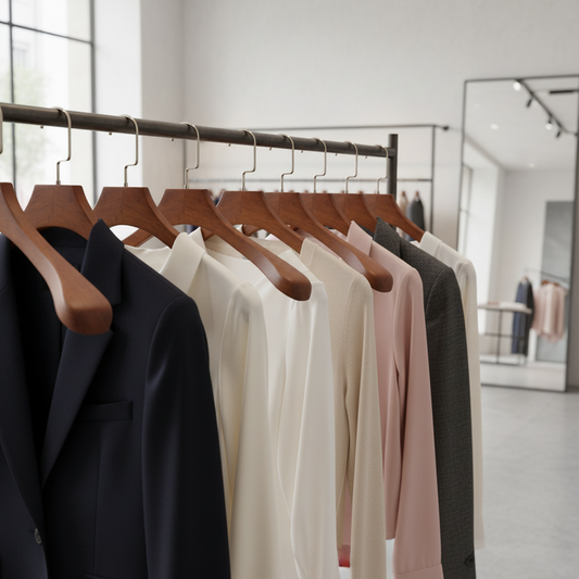 Premium wooden hangers displaying high-end garments in luxury boutique