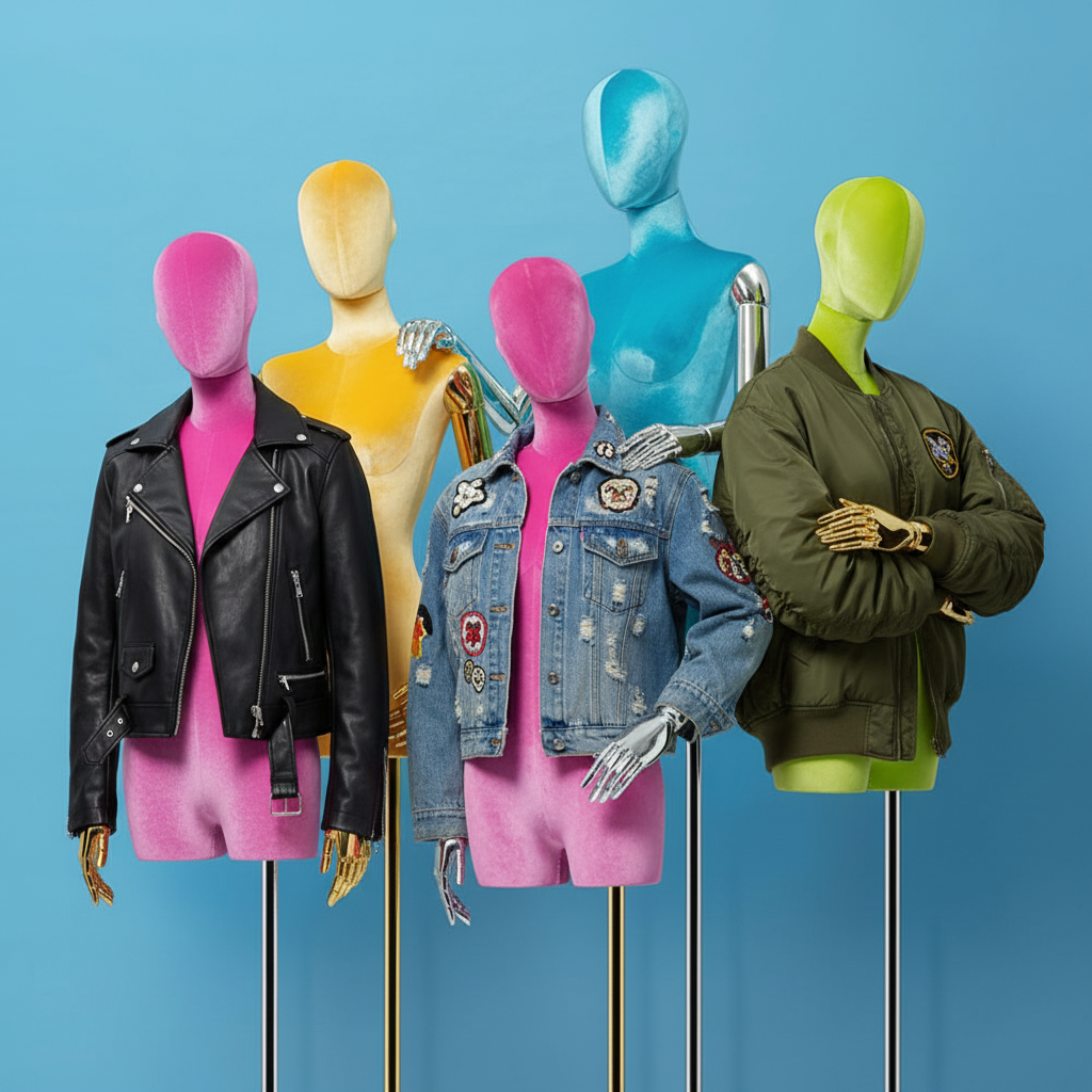 Three mannequins with leather, denim, and bomber jackets