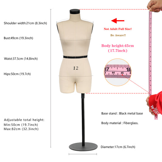 JELIMATE Female Half Scale Dress Form For Sewing,Not Adult Full Size 1:2 Scale Beige Mini Tailor Mannequin for Pattern Making,Fashion School Used Miniature Sewing Mini Trouser Dress Form Size 12