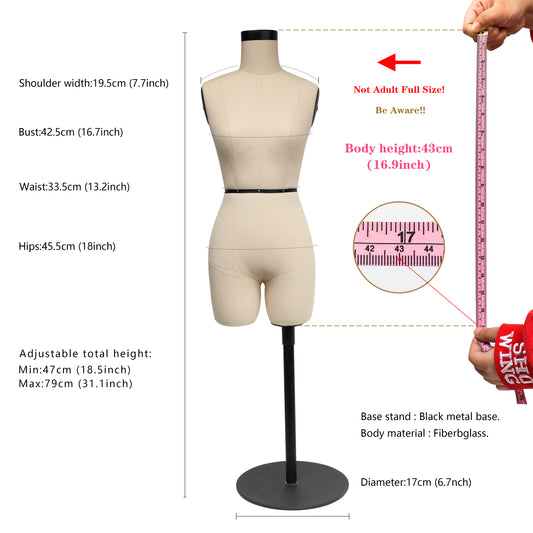 JELIMATE 1/2 Half Scale Female Dress Form with Arms - Size 14 Mini Tailoring Mannequin for Sewing & Pattern Design