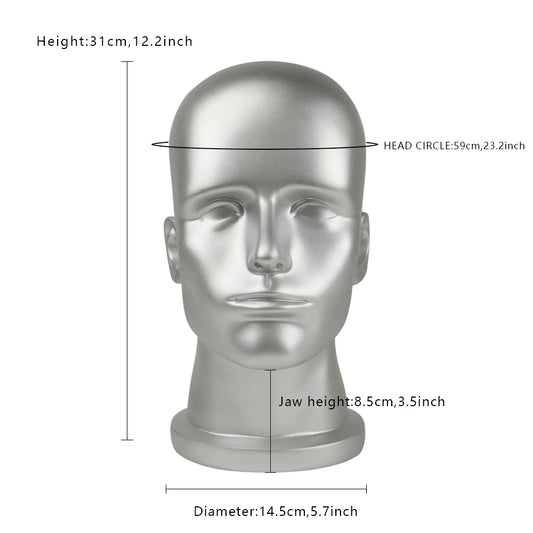 Silver Male Head Mannequin Stand Earphone Earplug Mask Helmet Sunglasses Holder Male Face Head Dress Form for Hat Fashion Wig Head Model