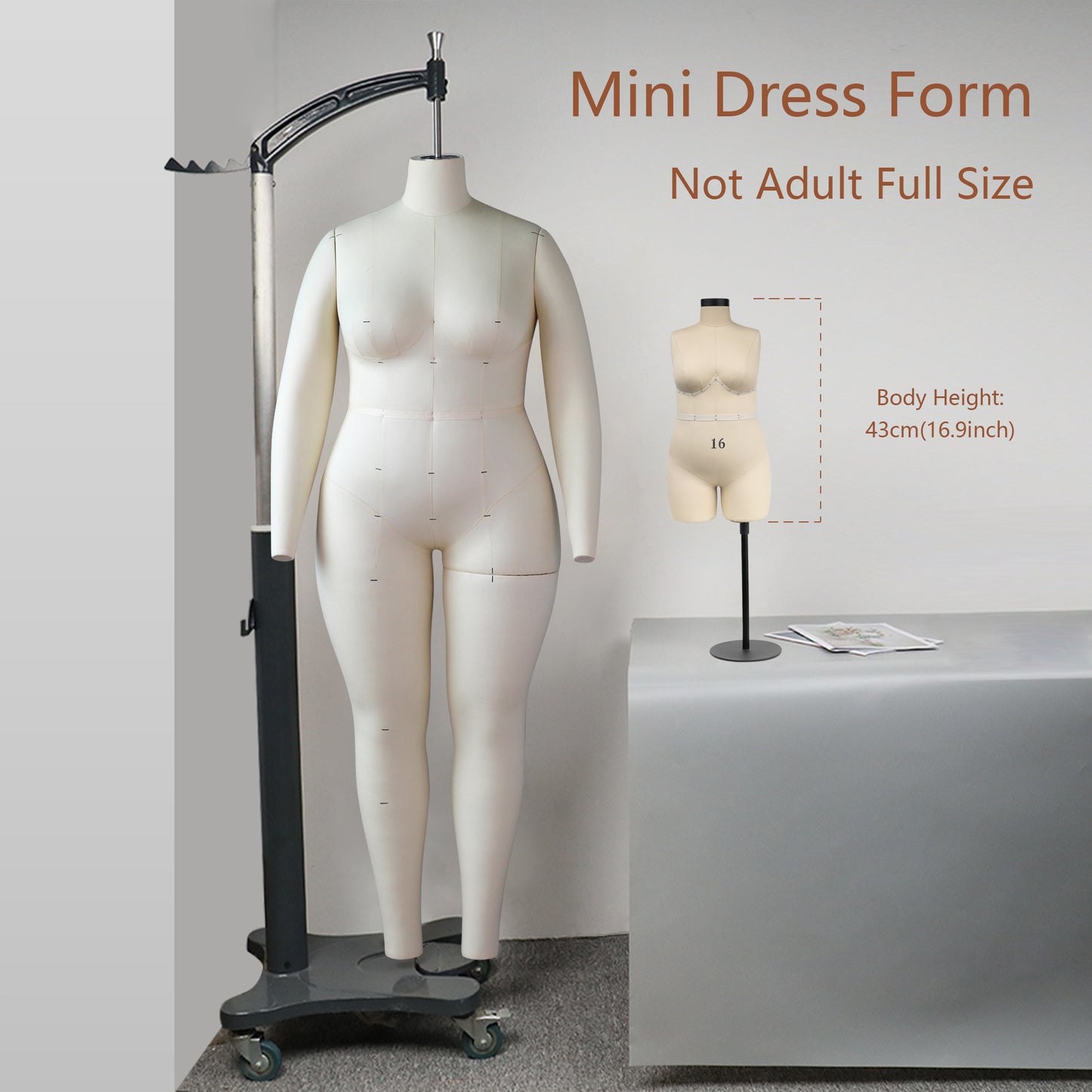 Half Scale Dress Form - Plus Size Dress Mannequin for Sewing | Mini Lingerie Form with Soft Arms (Size 16)