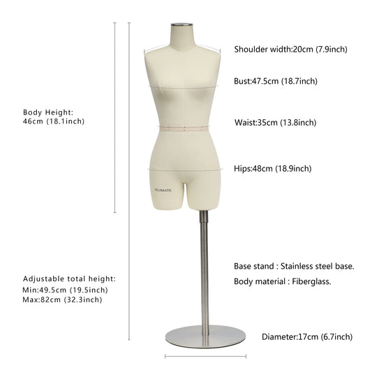 JELIMATE Female Half Scale Dress Form - 1:2 Miniature Sewing Mannequin Size 10