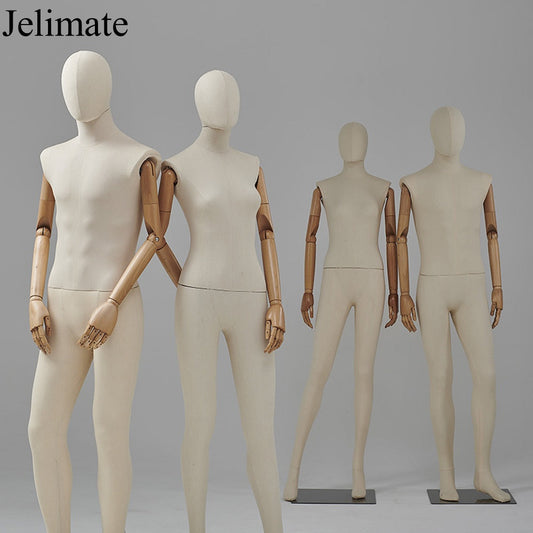 Creative Visual Merchandising: Using Jelimate JMFF02 Beige Linen Fabric Wrapped Male and Female Full Body Mannequins for Stunning Boutique Store Displays