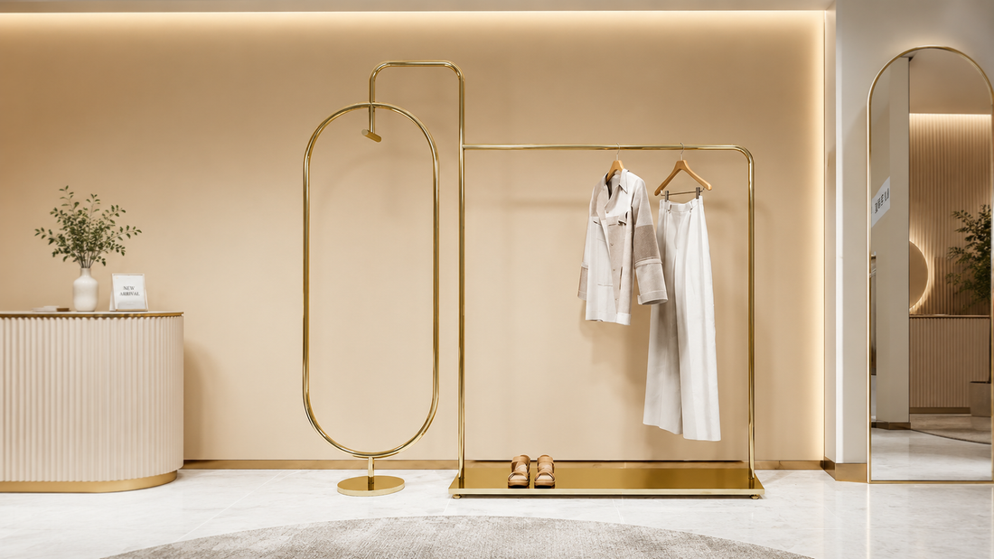 Luxury gold clothing display rack for retail stores with modern metal garment rack and boutique apparel display stand