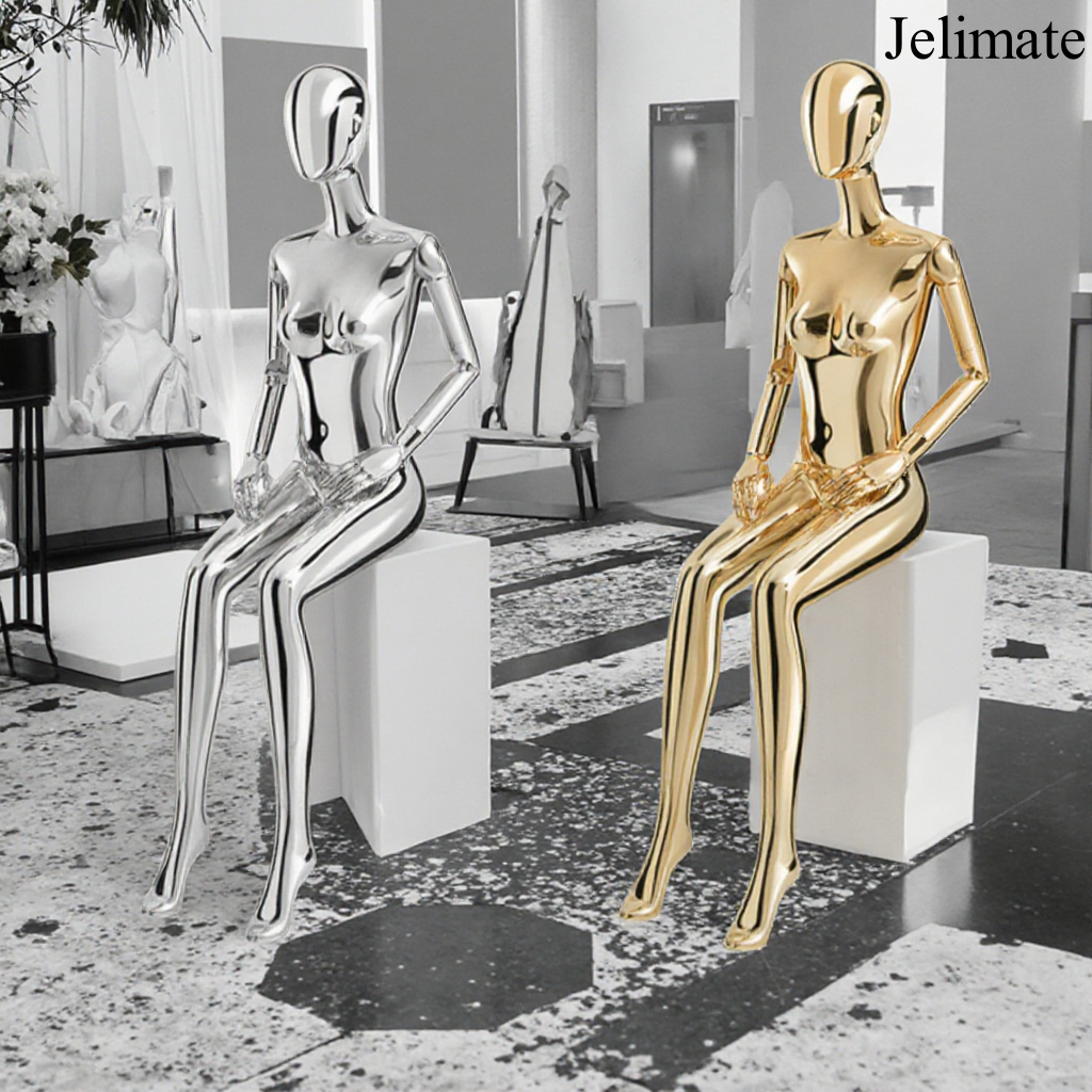 Transform Your Boutique Store Displays with Jelimate Luxury Sitting Pose Electroplated Female Full Body Mannequins