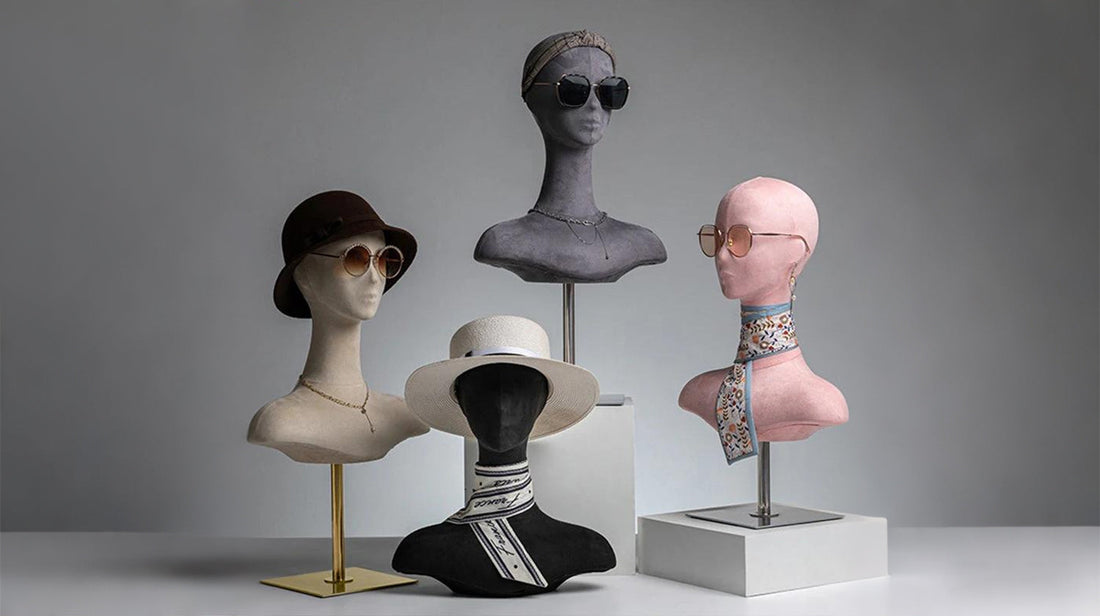 Jelimate colorful velvet mannequin head with shoulders displaying jewelry and hats in retail store