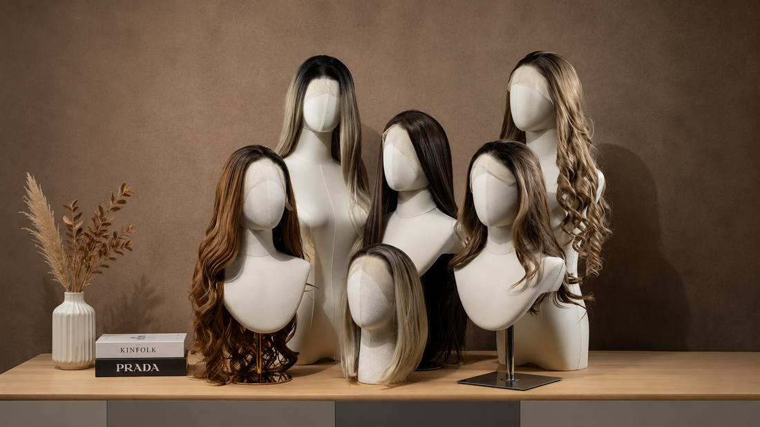 JELIMATE linen fabric mannequin head display stand with adjustable base for wigs, hats, and scarves