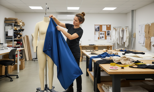 Professional plus size dress form with collapsible telescopic shoulders in design studio workspace