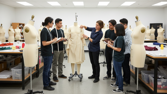 Professional plus size dress form in designer studio workspace with draped fabric and natural lighting