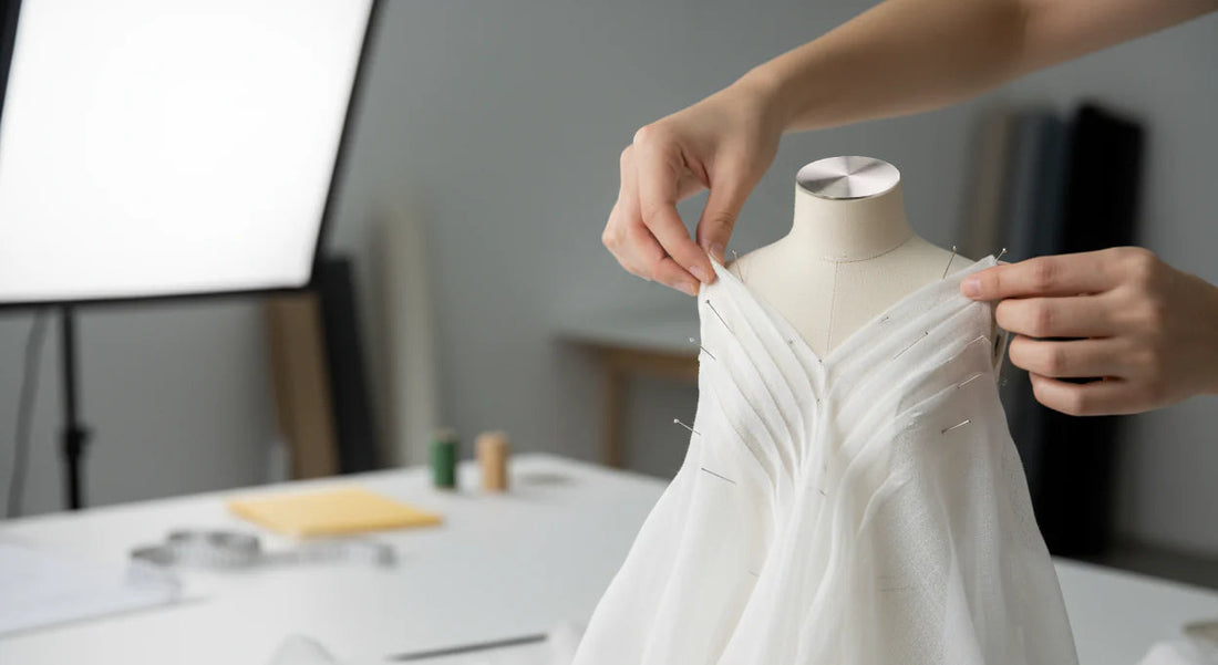 Hands draping white fabric on a half-scale miniature dress form showing professional fashion design technique