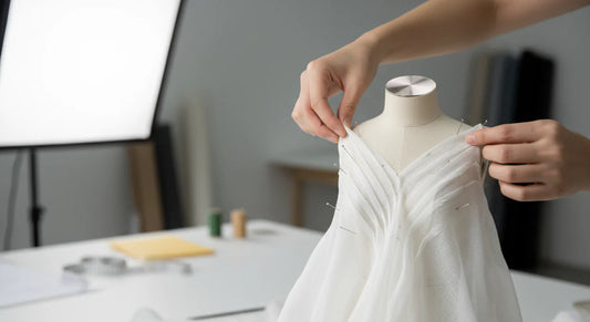 Hands draping white fabric on a half-scale miniature dress form showing professional fashion design technique