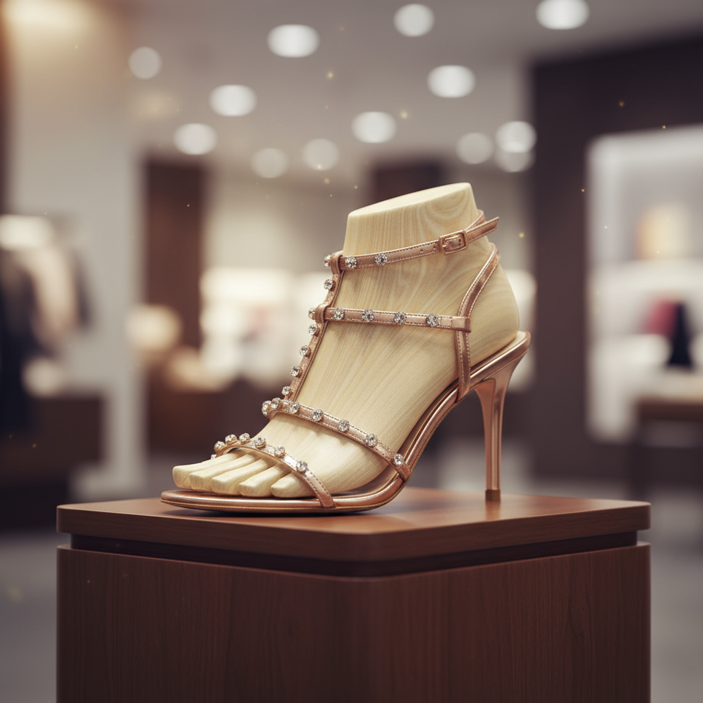Wooden foot mannequin styled with high-end designer shoes for retail display