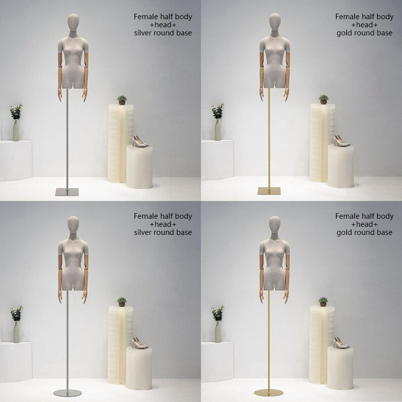 Adjustable Female Half-Body Mannequin with Linen Cover and Wooden Arms for Clothing Display