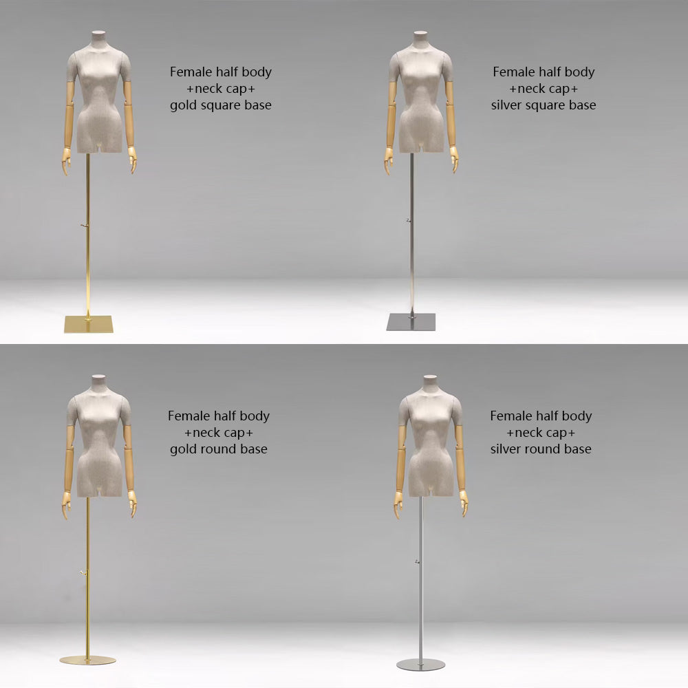 Adjustable Female Half-Body Mannequin with Linen Cover and Wooden Arms for Clothing Display