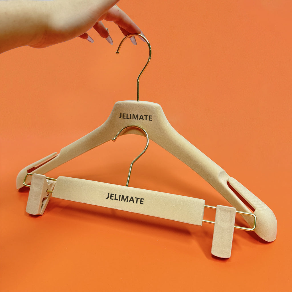 Jelimate Luxury Flocking Velvet Hanger,Beige Velvet Clothing Hanger/Pant Hanger,Hollow Shoulder Gold Hook Non Slip Flocking Plastic Hanger,Custom Logo Velvet Dress Hangers,Clothing Store Skirt Shirt Suit Hanger Space Saving Clothes Hangers