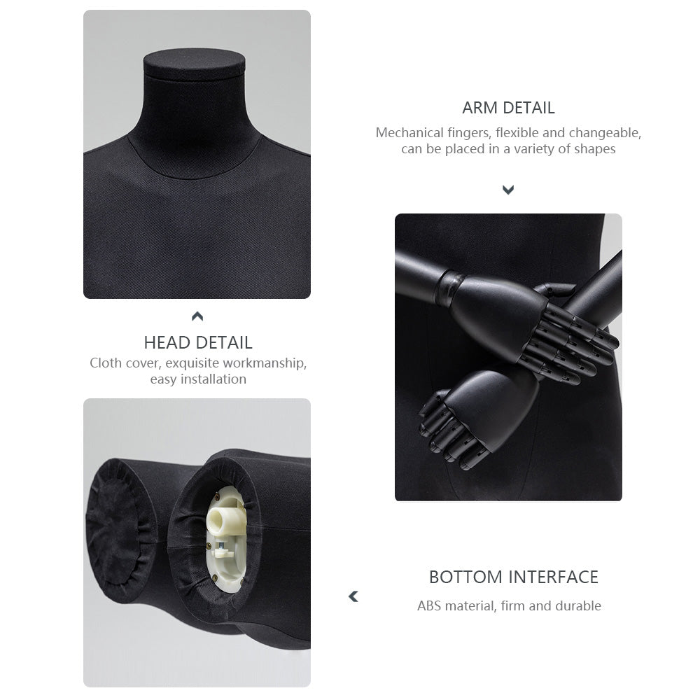 Maniquí masculino de medio cuerpo Jelimate de color negro con forma de torso, cabeza de maniquí envuelta en tela de lino, brazos de madera, modelo de exhibición de ropa con forma de torso para hombre