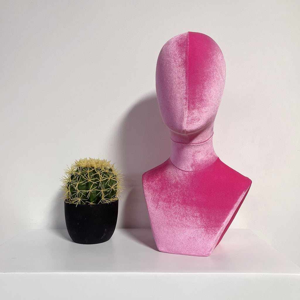 JELIMATE Fully Pinnable Female Mannequin Head Model,Luxury Pink Velvet Mannequin Head Dress Form,Headband Headphone Sunglasses Jewelry Wig Display Head Mannequin Hat Display Stand Manikin