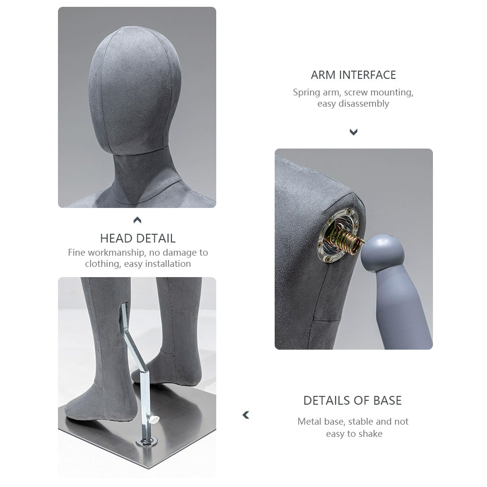 Fashion Full Body Adult Male Mannequin Torso Without/With Head,Grey Velvet Dress Form Model for Boutique Store Display,Manikin Torso with Wooden Arms