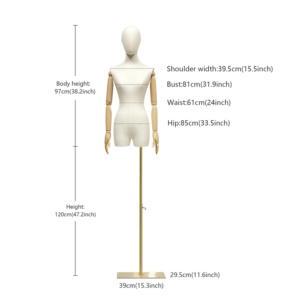 Fabric Mannequin Torso with Wooden Arms - Beige Bamboo Linen Female Display Form