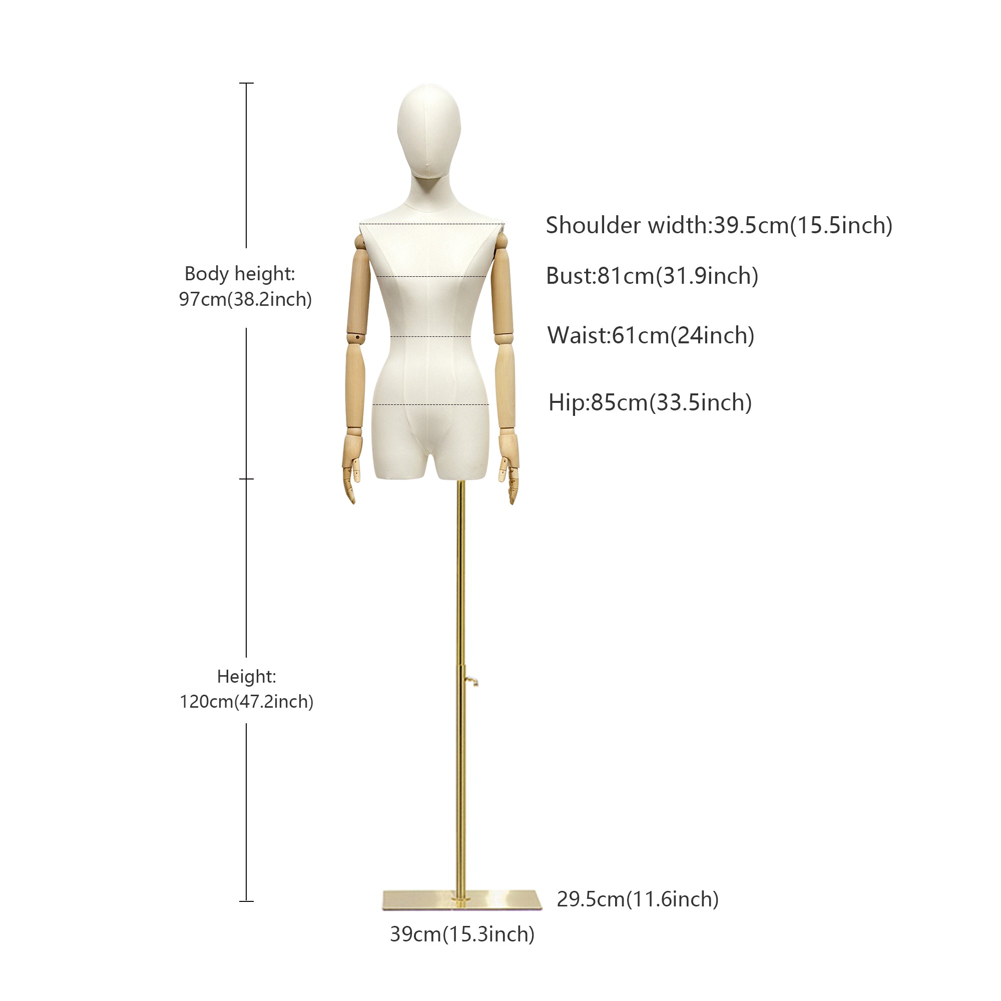 Fabric Mannequin Torso with Wooden Arms - Beige Bamboo Linen Female Display Form
