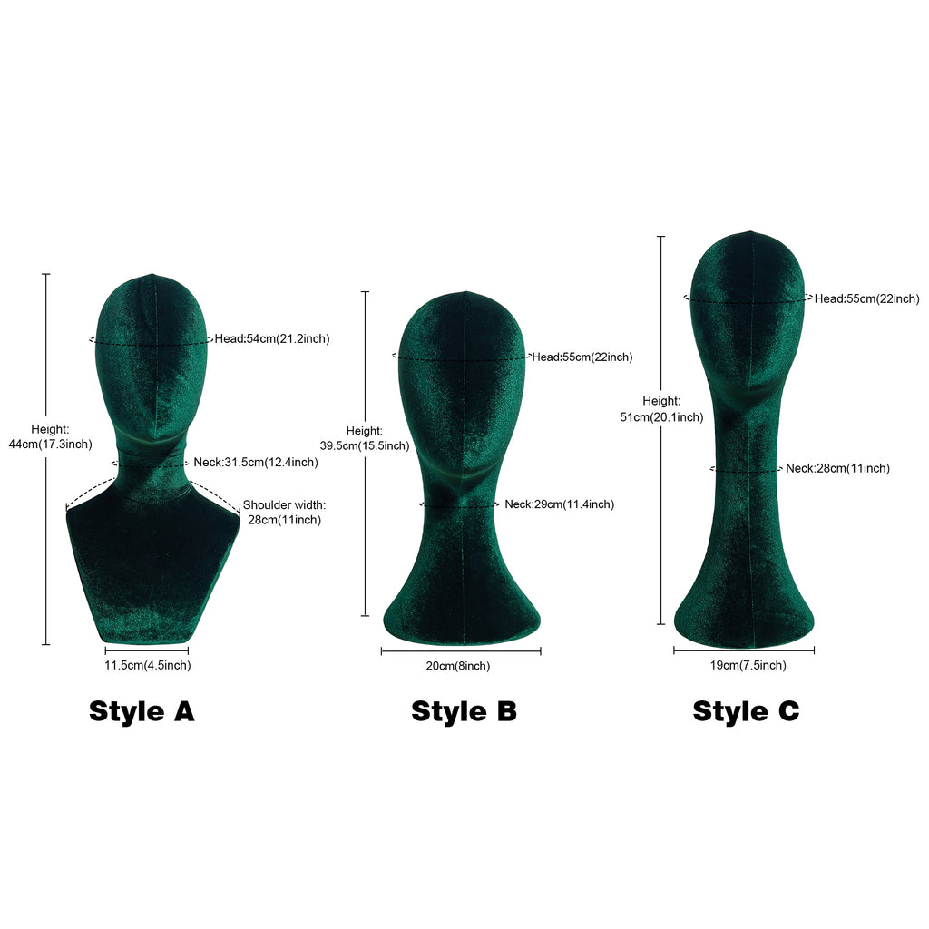 JELIMATE Luxurious Green Velvet Mannequin Head Model,Can Pinnable Cloth Mannequin Head Display Form Headband Stand,Female Head Mannequin For Wig Hat Jewelry Display Stand Sunglasses Holder Head Display Stand