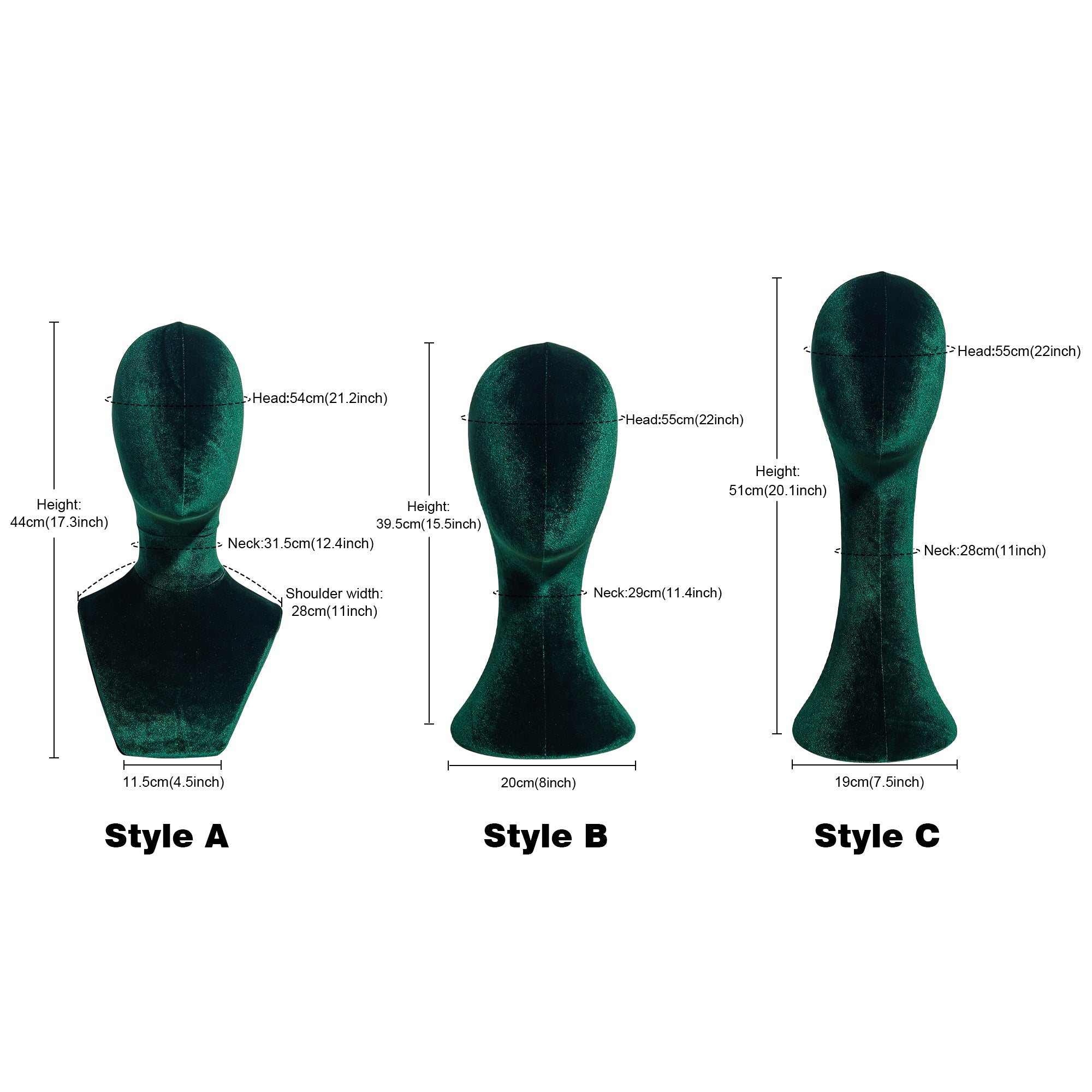 JELIMATE Luxurious Green Velvet Mannequin Head Model,Can Pinnable Cloth Mannequin Head Display Form Headband Stand,Female Head Mannequin For Wig Hat Jewelry Display Stand Sunglasses Holder Head Display Stand