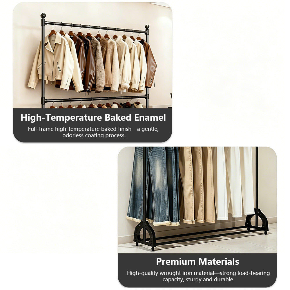 72.8" Double Rod Clothing Rack with Wheels | Heavy Duty Iron Garment Rack | JELIMATE