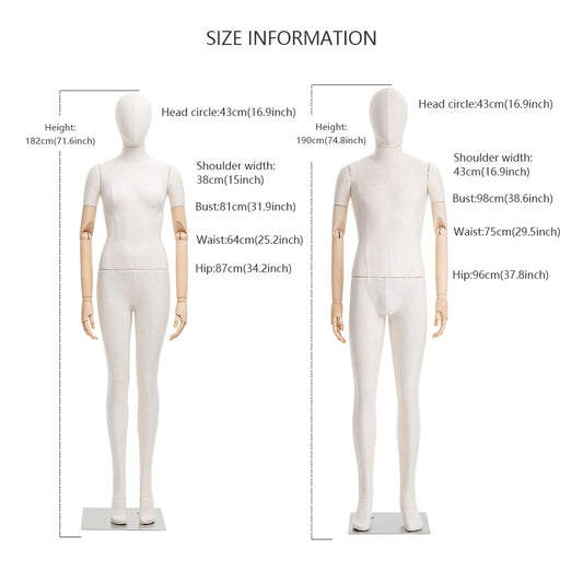 JELIMATE Male Female Full Body Mannequin Dress Form,Women Men Mannequin Torso With Fabric/Wood Head,Upper Manikin Body With Wooden Arms Wedding Dress Gown Clothing Display Model Suit Display Stand