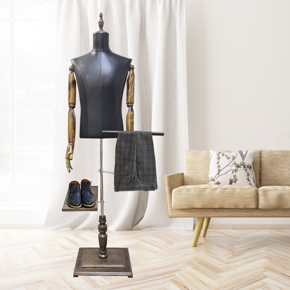 Professional Brown Male Mannequin Torso with Leather Finish - Half Body Display Form with Wooden Base for Retail Stores